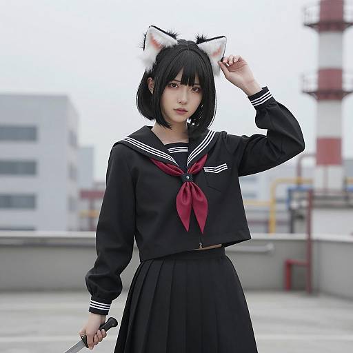 Woman in Black Sailor Uniform with Cat Ears and Knife
