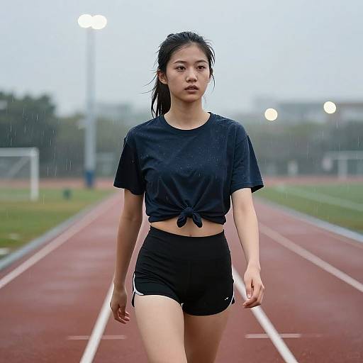 Photograph of an Asian woman with wet black hair, wearing a tied black t-shirt and black shorts, running on a rainy track field at dusk.
