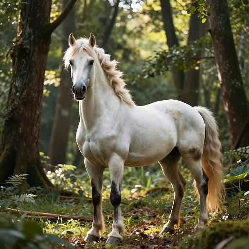 Majestic White Horse in Forest Clearing