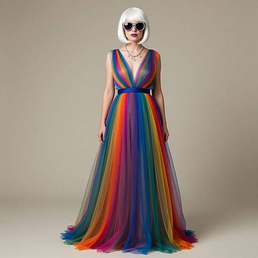 Photograph of a woman with white bob haircut, black sunglasses, wearing a sleeveless, V-neck, rainbow-colored, floor-length, tulle gown