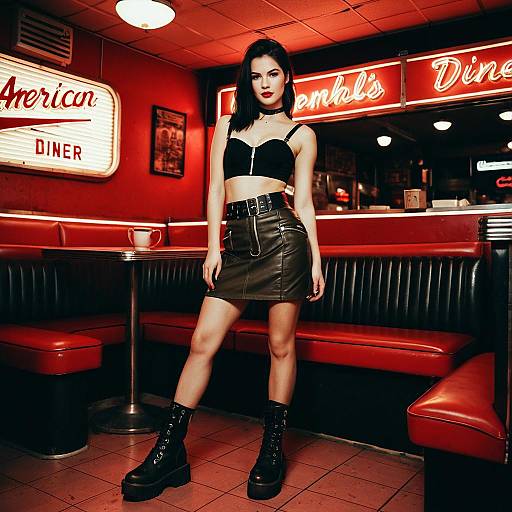Edgy Woman in Leather Skirt at Vintage Diner