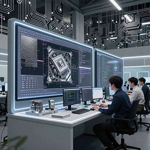 Photograph of a modern, futuristic tech lab with neon-lit, large computer monitors displaying intricate circuit diagrams, three male engineers seated at desks.