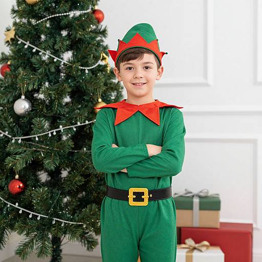 Photograph of a young boy in a green elf costume with red star-trimmed collar, standing in front of a decorated Christmas tree, smiling with