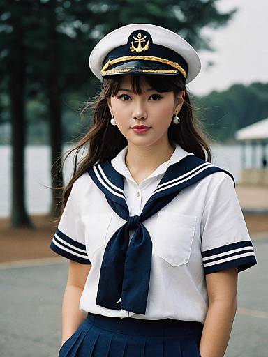 Young Woman in Sailor School Uniform with Captain Hat