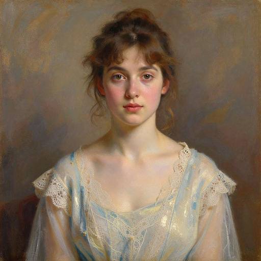 Digital painting of a young Caucasian woman with fair skin, brown hair, and soft blue eyes, wearing a lace-trimmed, light blue dress.