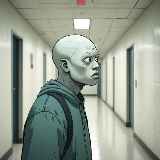 Worried Cartoon Character in Hospital Hallway