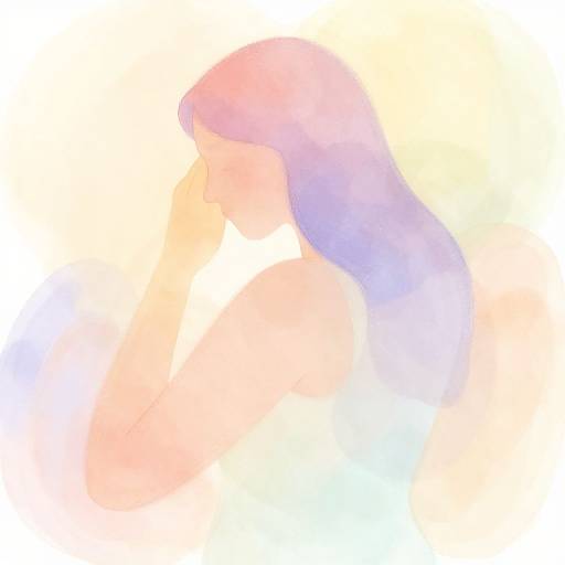 Watercolor-style digital illustration of a woman with long, pastel pink and purple hair, softly covering her face with her right arm, set against a