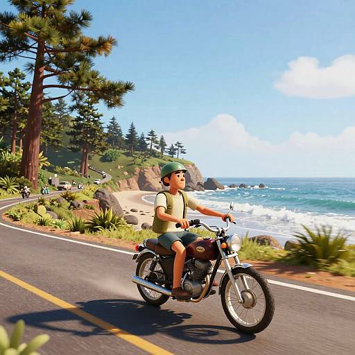 CGI-style image of a young man in green shorts and helmet riding a black motorcycle along a coastal road with pine trees and ocean waves in the background
