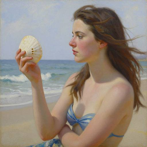 Photograph-style digital painting of a fair-skinned woman with brown hair in a blue bikini, holding a seashell on a sunny beach.