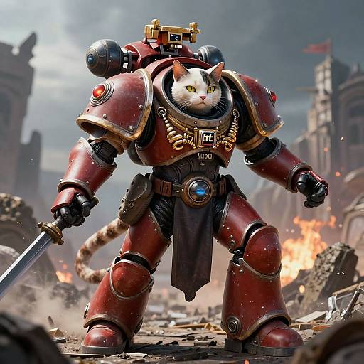 Digital art of a white cat in medieval-style, red armor holding a sword, standing amidst a burning, war-torn cityscape.