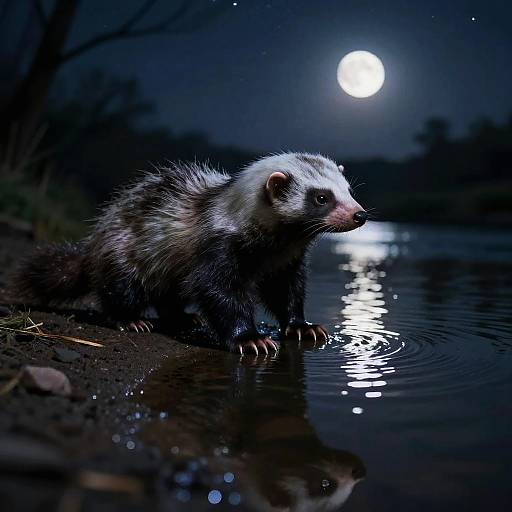 Photograph of a ferret with white and dark fur, standing in a moonlit river, reflecting bright moonlight, under a starry night sky