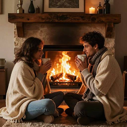 Photograph of a cozy couple sitting cross-legged by a roaring fireplace, both in beige knit sweaters and scarves, sipping from mugs.