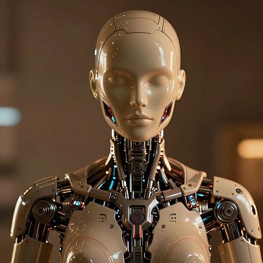 Photorealistic CGI of a sleek, silver humanoid robot with glossy white and black mechanical parts, glowing red eyes, and a neutral expression, set against