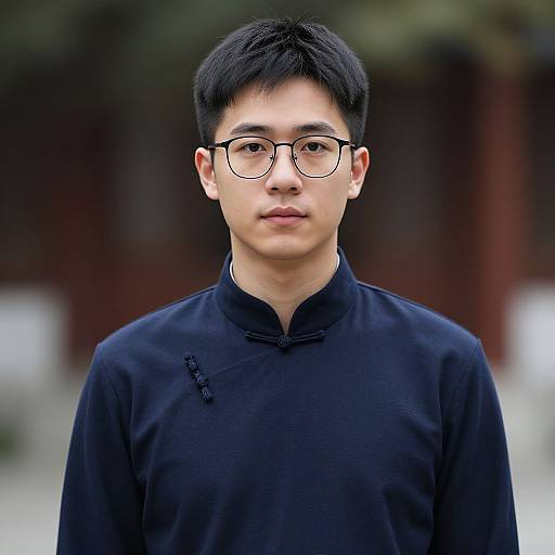 Photograph of an Asian man with short black hair, glasses, and black traditional Chinese cheongsam, standing outdoors with blurred wooden background.