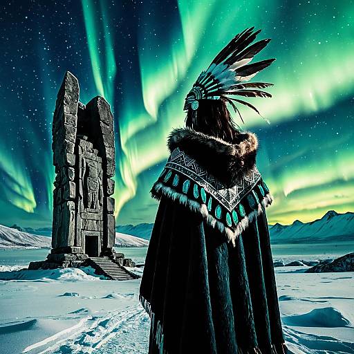 Tribal Shaman under Aurora Borealis by Ancient Ruins
