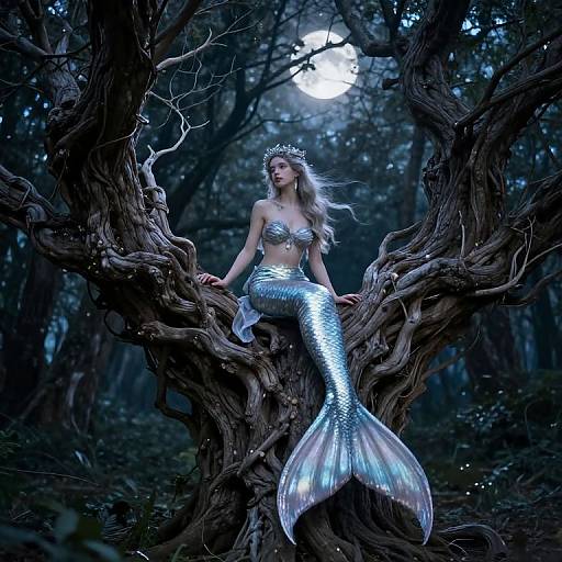 Photograph of a silver mermaid with long blonde hair, wearing a crown, sitting on a twisted tree in a dark, moonlit forest.