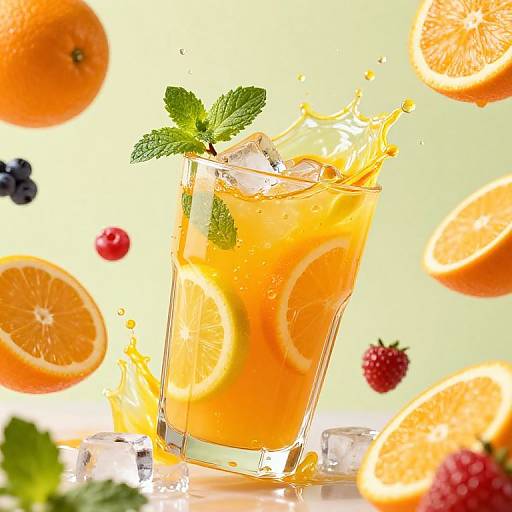 Photograph of a vibrant orange cocktail splashing, garnished with mint, ice, and slices, surrounded by oranges, berries, and citrus fruits.