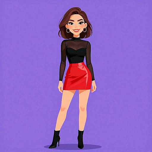 Digital illustration of a stylish woman with medium-length brown hair, wearing a black sheer top, red skirt, black ankle boots, and large hoop earrings,
