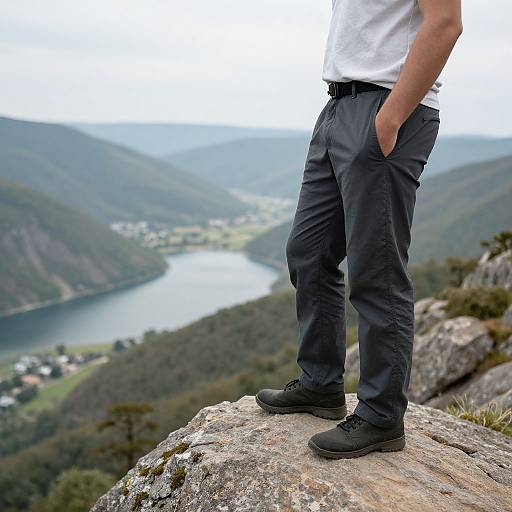 Photograph of a man in a white shirt and black pants standing on a rocky cliff, hands in pockets, overlooking a winding river and mountain valley below