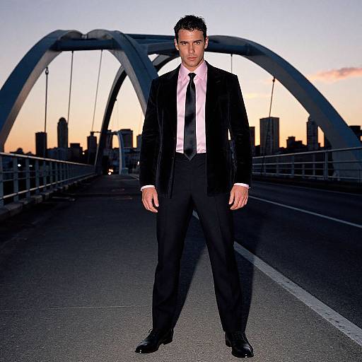 Photograph of a serious, dark-haired man in a black suit, white shirt, and black tie standing on a bridge at sunset with city skyline in