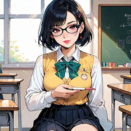 Happy Anime Senior Girl in Classroom