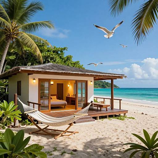 Photograph of a tropical beach hut with a thatched roof, wooden deck, hammock, and seagulls flying over white sand and turquoise ocean