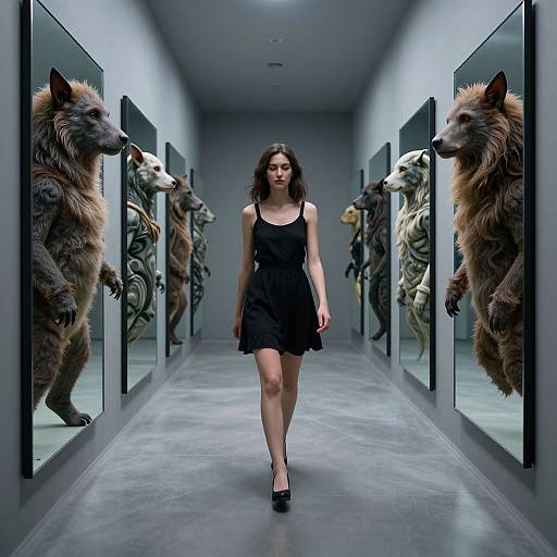 Photograph of a slender woman in a black dress and heels, walking down a corridor with mounted, lifelike wolf statues on both sides.