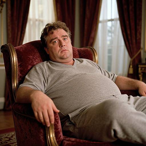 Photograph of a middle-aged, heavyset man with short brown hair, wearing a gray t-shirt and pants, relaxing in a luxurious, red velvet
