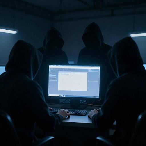 Hooded Figures Around Glowing Computer Screen