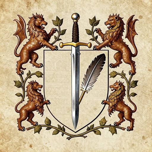 Medieval-style coat of arms with a central sword, two brown dragons, and a feather, surrounded by leaves on a textured beige background. Digital illustration