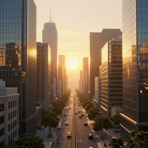 Photograph of a sunlit urban street flanked by tall, reflective glass skyscrapers, with cars driving along the tree-lined road.
