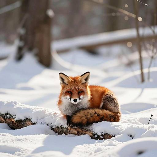 Photograph of a red fox with vibrant orange fur and white underbelly, lying in snowy forest, sunlit with blurred trees in background.