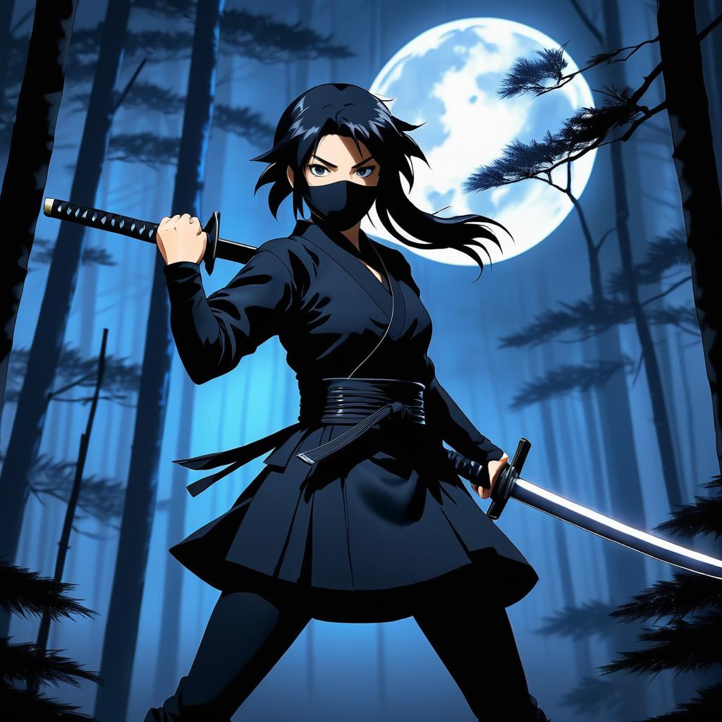 Kunoichi in Moonlit Forest Action Scene