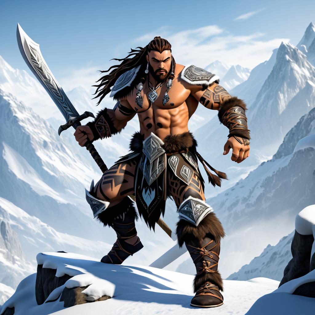 Agile Goliath Barbarian in Snowy Mountains