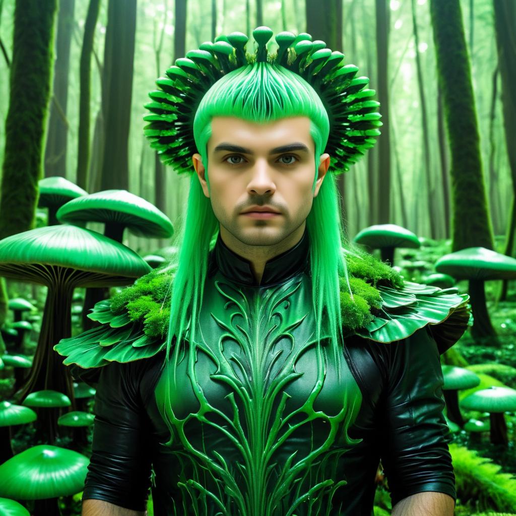 Green Haired Man Among Forest Mushrooms