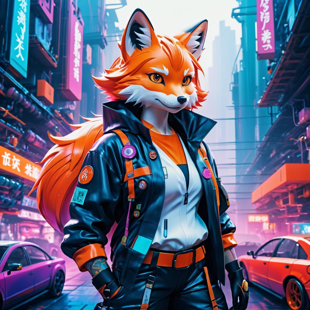 Playful Fox Spirit in Cyberpunk City