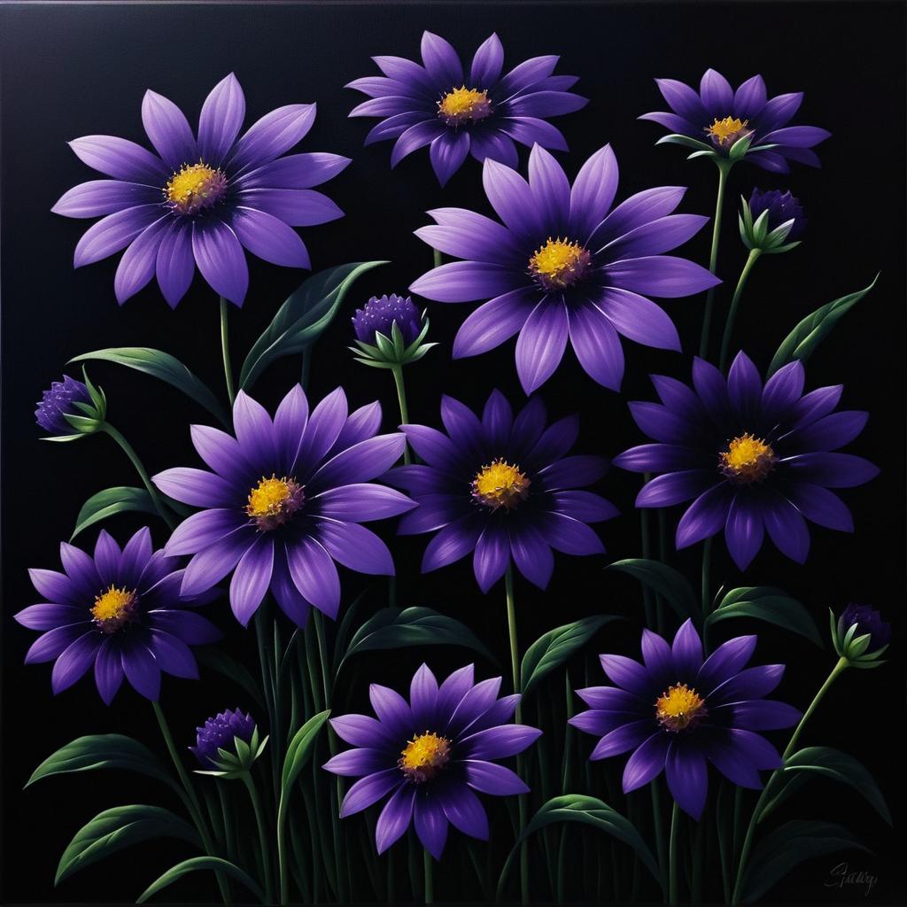 Dark Oil Painting of Purple Flowers