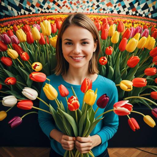 Young Woman Holding Colorful Tulips