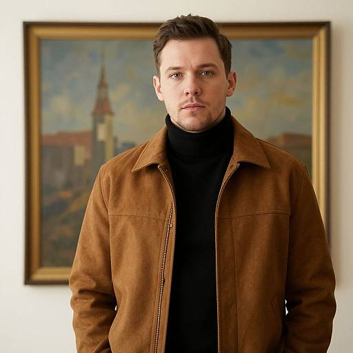Photograph of a serious, light-skinned man with short brown hair, wearing a brown suede jacket and black turtleneck, standing in front of