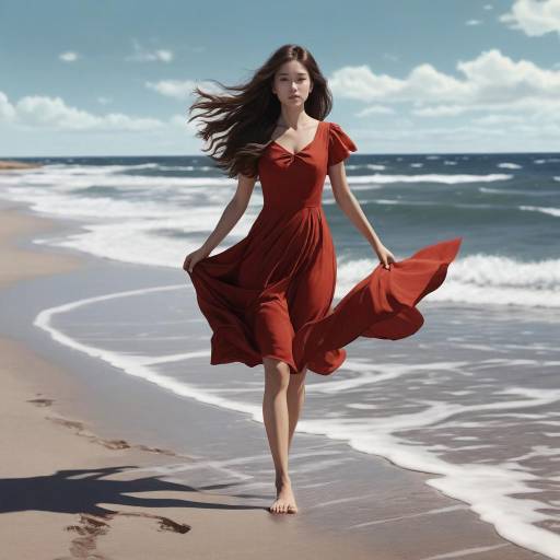 Woman in Red Dress Walking on Beach