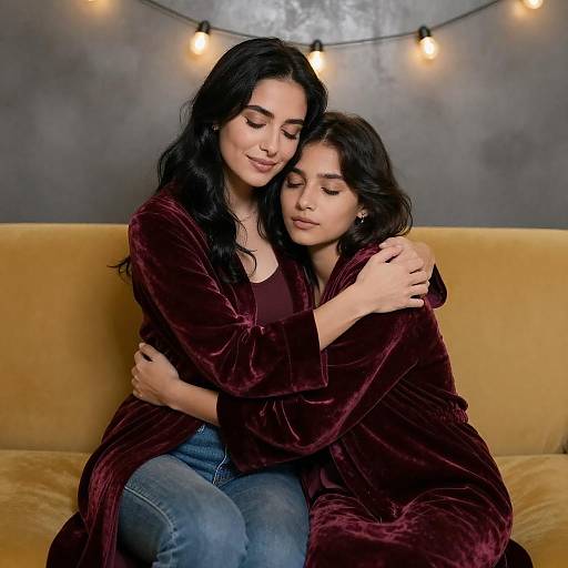 Velvet-Robe Embrace on Mustard Couch