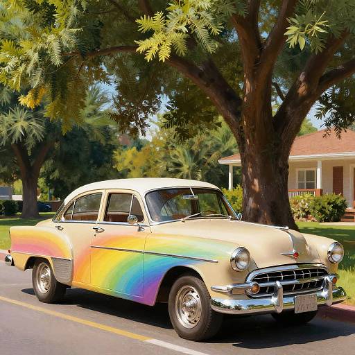 Photograph of a vintage, cream-colored 1950s car with a rainbow gradient finish, parked on a sunny suburban street with large trees and a