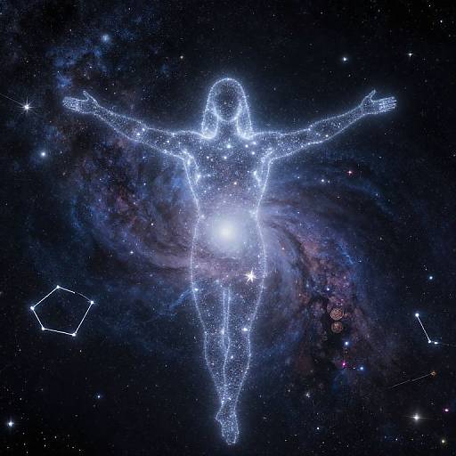 Digital art: Glowing white wireframe figure of a person with arms outstretched, floating in a starry, cosmic background with a spiral galaxy