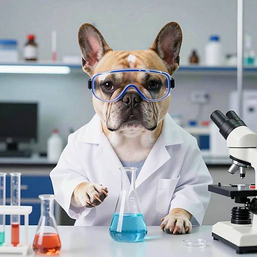 Photograph of a brown French Bulldog wearing blue lab goggles and a white lab coat, seated at a science lab table with test tubes, blue liquid
