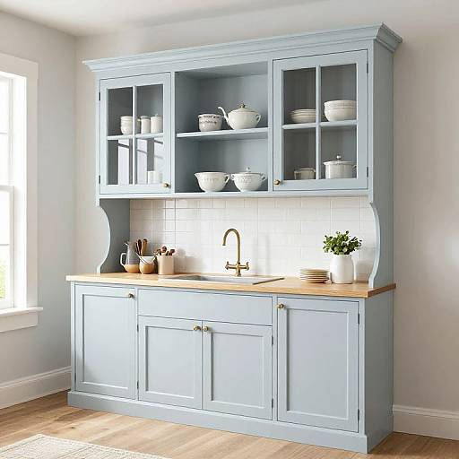 Photograph of a modern, light blue kitchen cabinet with glass upper cabinets, white dishes, wooden countertop, stainless steel faucet, and white tiled backs