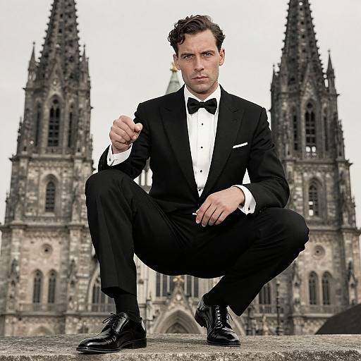 Photograph of a handsome, dark-haired man in a black tuxedo, squatting in front of a Gothic cathedral, with a confident expression.