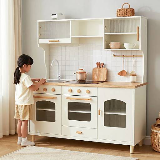 Photograph of an Asian girl with black hair, wearing a white shirt and beige shorts, cooking at a white, wooden kitchen set with utensils and