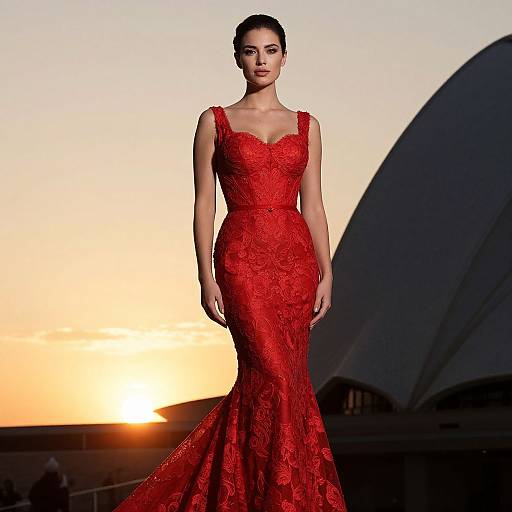 Elegant Woman in Red Lace Gown