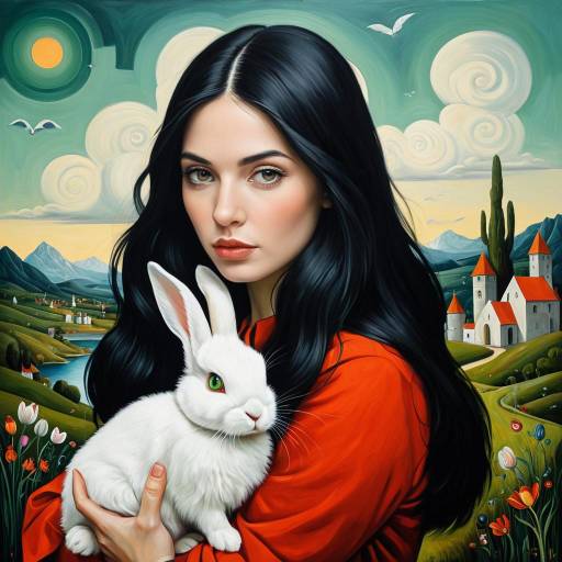 Young Woman Holding White Rabbit in Fantasy Landscape