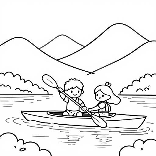 Cute Kids Rowing Canoe Coloring Page